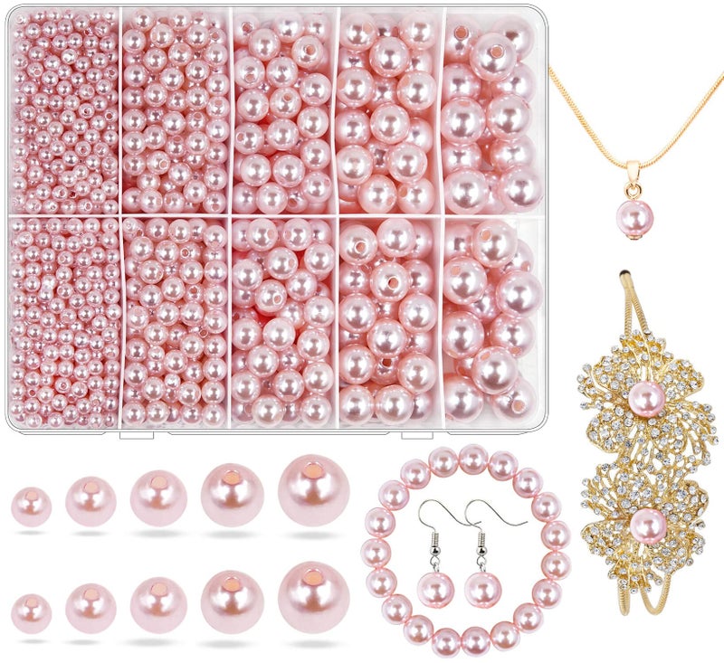 Wavlakth Pink Pearl Beads for Jewelry Making  1750pcs Light Pink Pearl Craft Bead with Hole 4mm 6mm 8mm 10mm 12mm Loose Spacer Bead for Necklace Bracelet Earrings Ring Choker Wedding Dress Decor (Pink) - Image 1